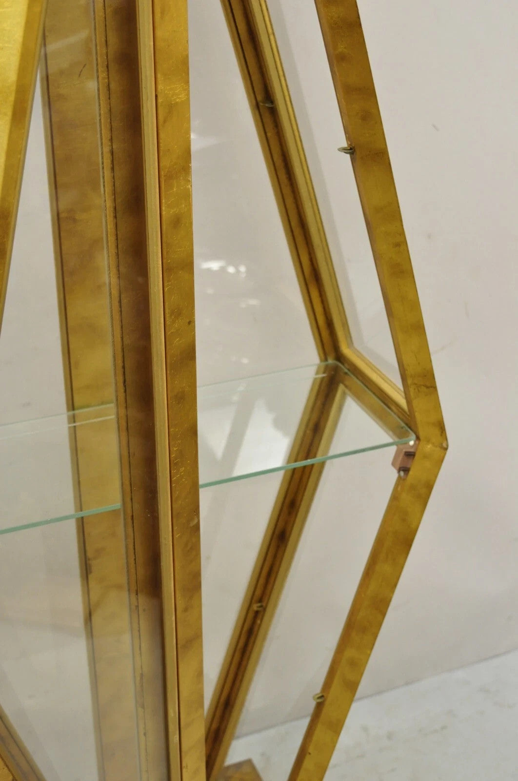 Vintage Hollywood Regency Gold Gilt Diamond Shaped Etagere Curio Display Cabinet