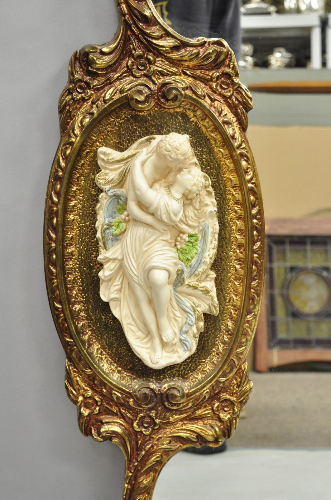 Vintage French Rococo Large Gold Wall Mirror with Bisque Figural Lovers Plaques
