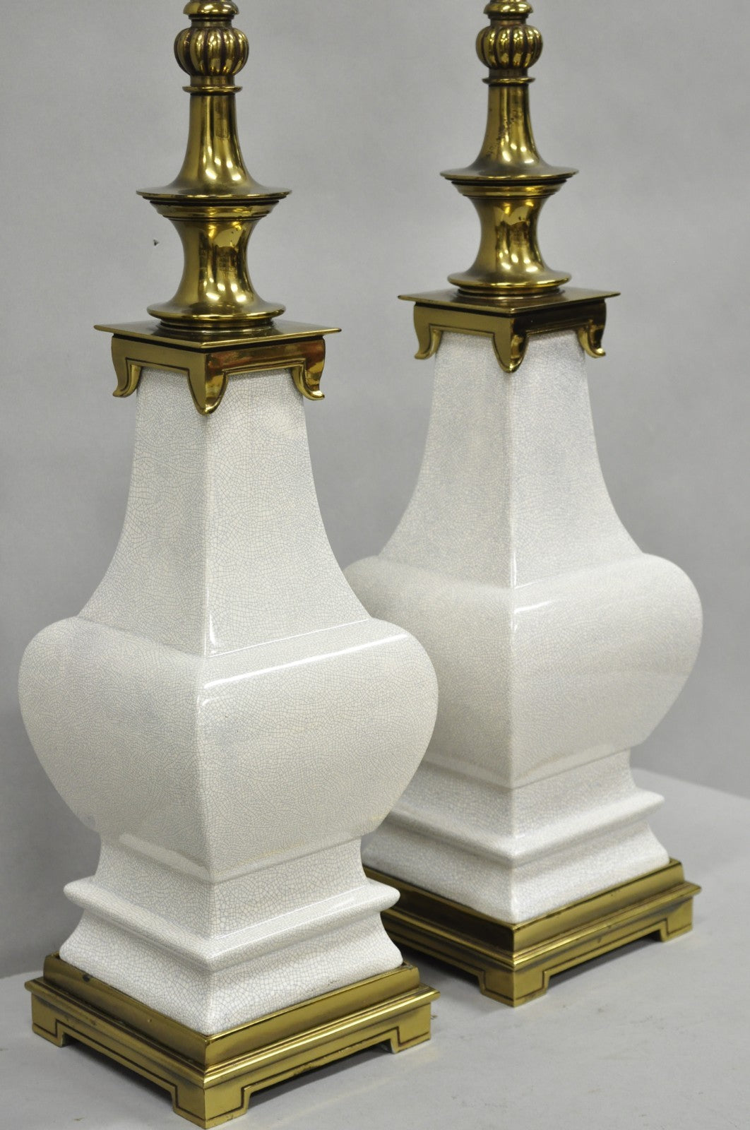 Stiffel Hollywood Regency Tall Crackle Glazed Ceramic & Brass Table Lamps a Pair