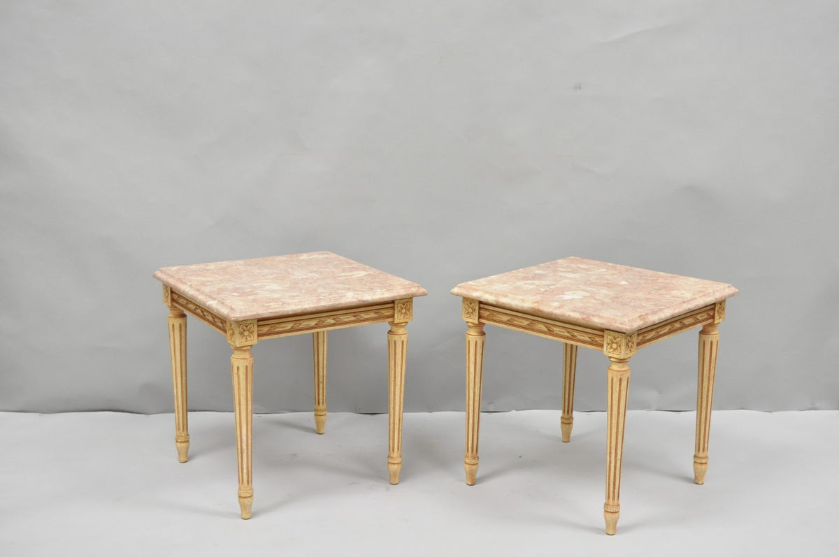 Vintage French Louis XVI Style Pink Marble Top Low Drinks Side Tables - a Pair