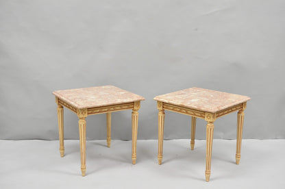 Vintage French Louis XVI Style Pink Marble Top Low Drinks Side Tables - a Pair