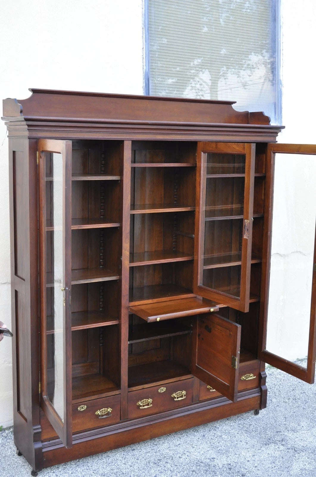 Antique Eastlake Victorian Walnut Wavy Glass Triple Bookcase Display Cabinet