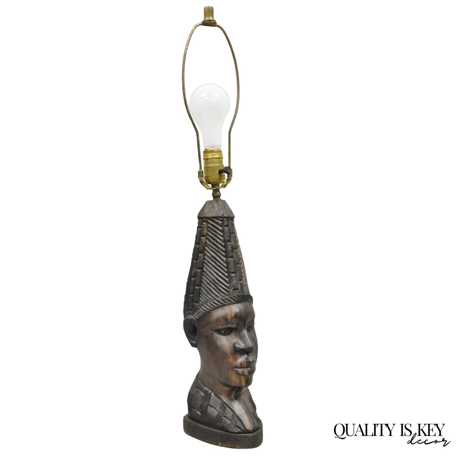 Vintage African Primitive Carved Ebony Wood Benin Bust Head Sculpture Table Lamp