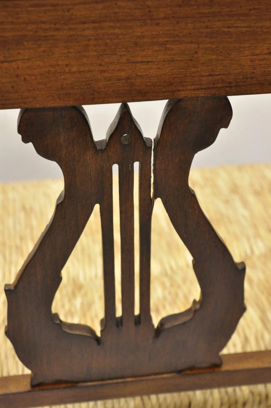 Vintage Italian Neoclassical Cherry Wood Dolphin Lyre Carved Rush Seat Bench