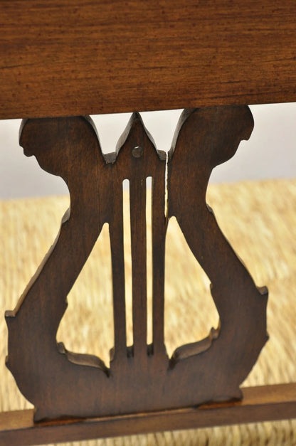 Vintage Italian Neoclassical Cherry Wood Dolphin Lyre Carved Rush Seat Bench