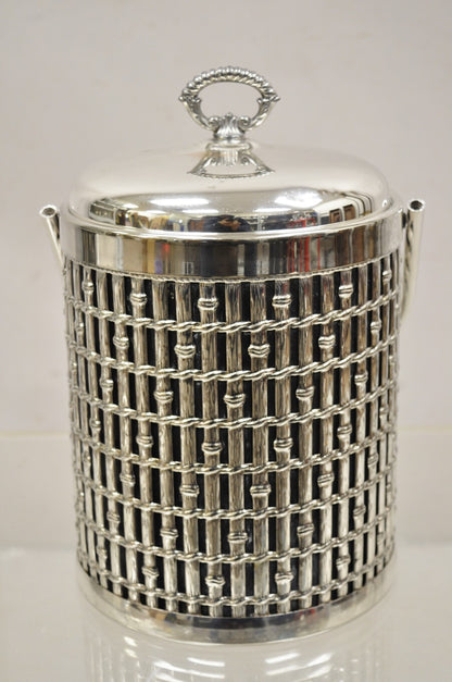 Vintage Hollywood Regency Faux Bamboo Silver Plated Lidded Ice Bucket
