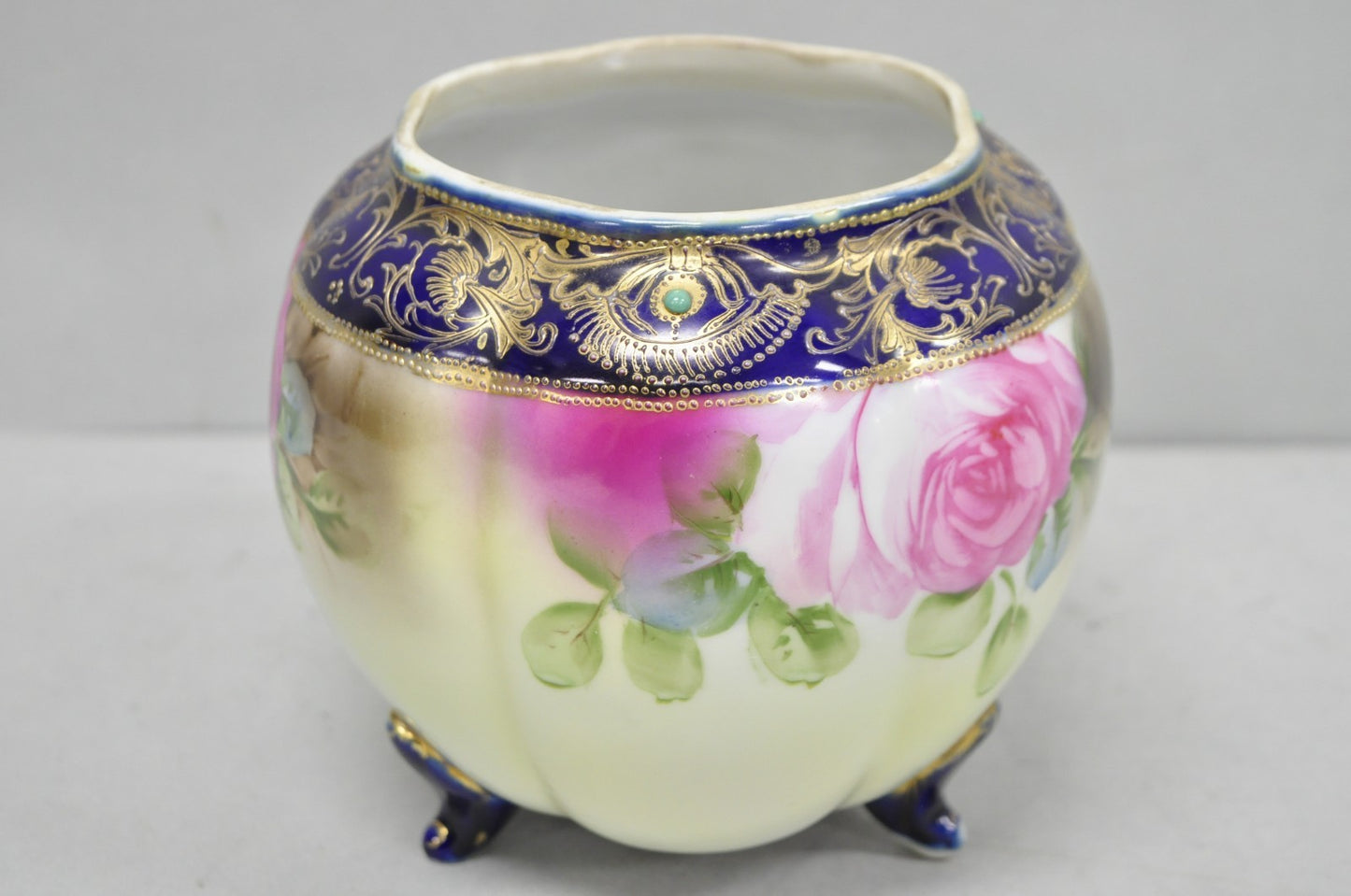 Antique Nippon Hand Painted Moriage Pink Rose Porcelain Biscuit Jar Vase