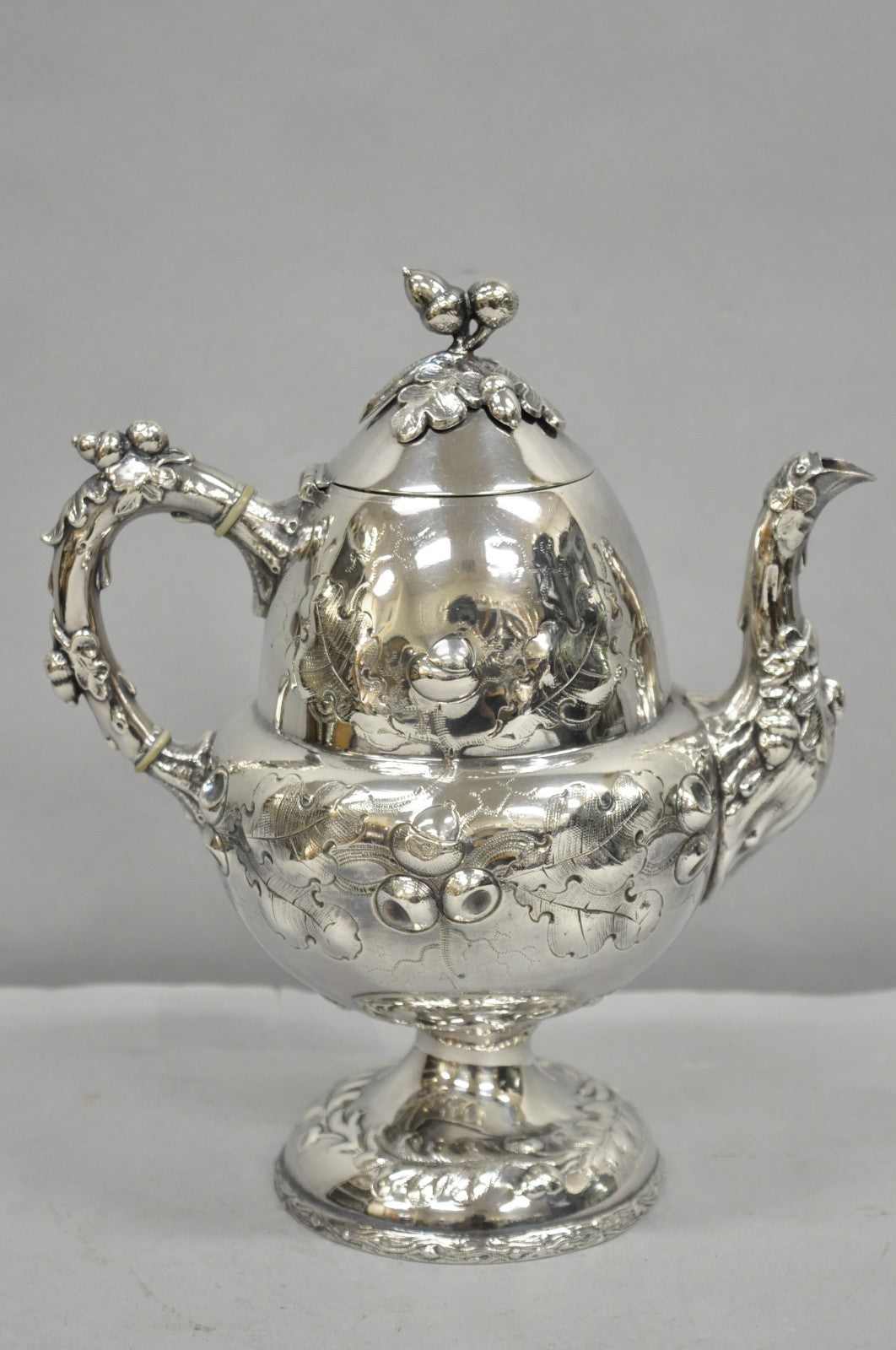 Antique Art Nouveau Silver Plated Nuts & Vines Repousse Tea Pot Tea Kettle