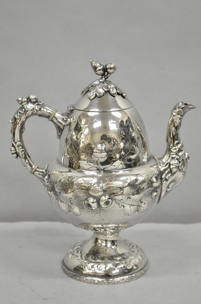 Antique Art Nouveau Silver Plated Nuts & Vines Repousse Tea Pot Tea Kettle