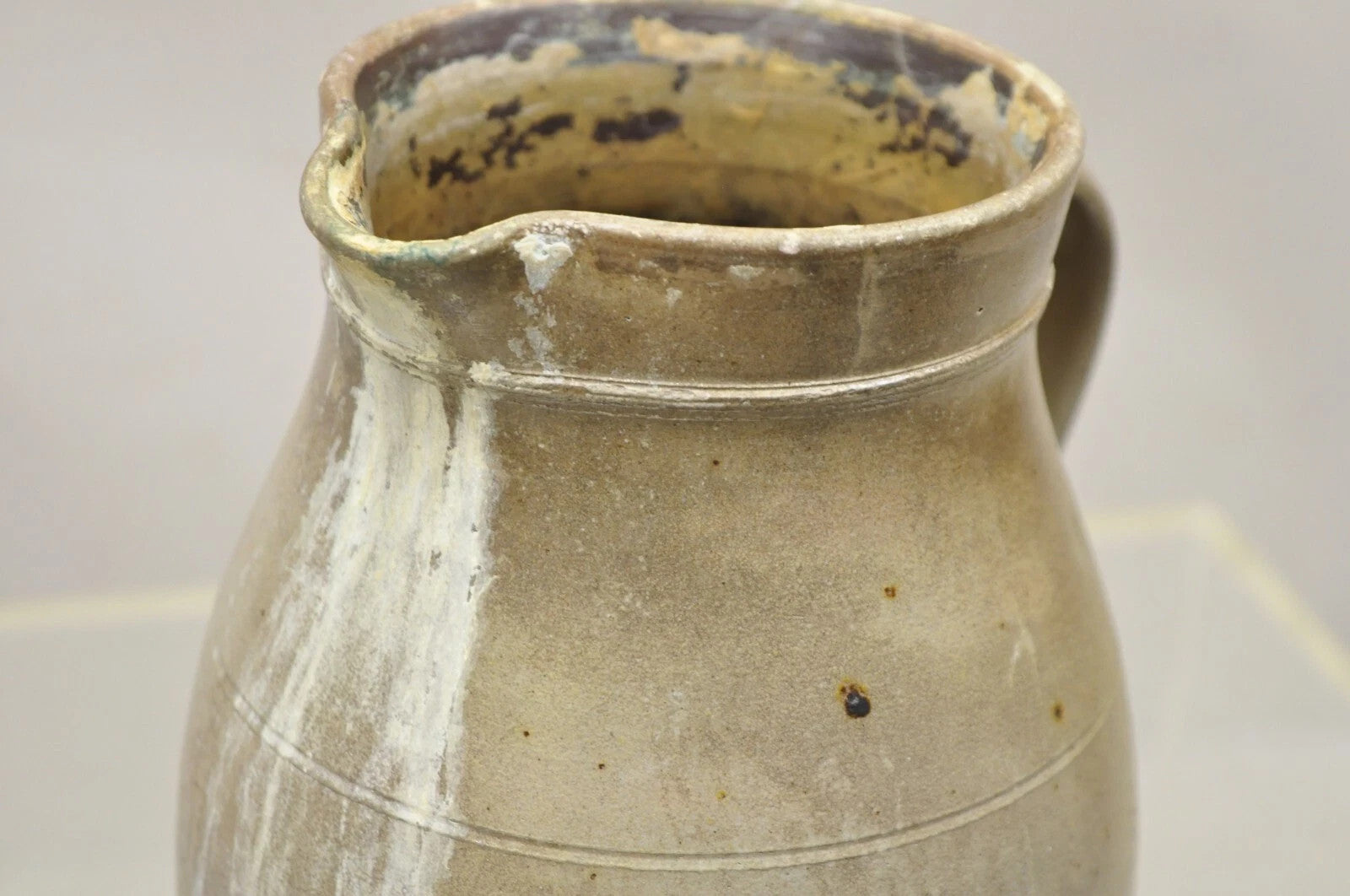 Antique Primitive Stoneware Salt Glazed 8" Bulbous Water Pitcher with Handle