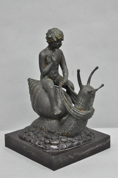 Vintage Mythical Bronze Cherub Riding Snail Sculpture Figure attr Maitland Smith