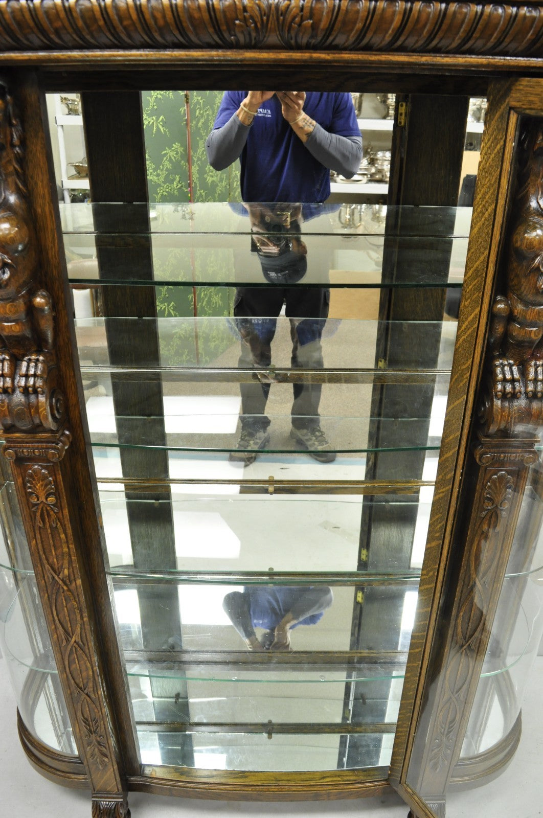 Antique American Empire Tiger Oak Curved Glass China Cabinet w/ Carved Griffins