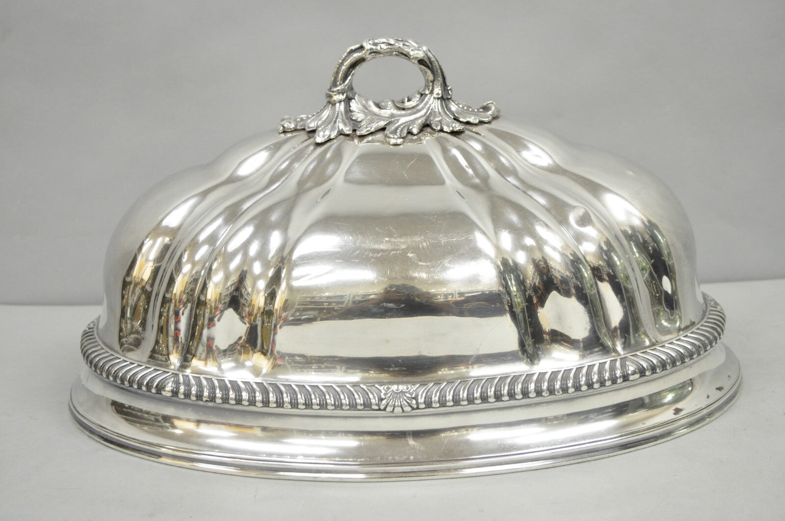Antique English Victorian Large Silver Plated Scalloped Meat Serving Dome Cover
