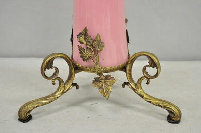 French Renaissance Art Nouveau Bronze 4 Candle Pink Glass Column Candelabra