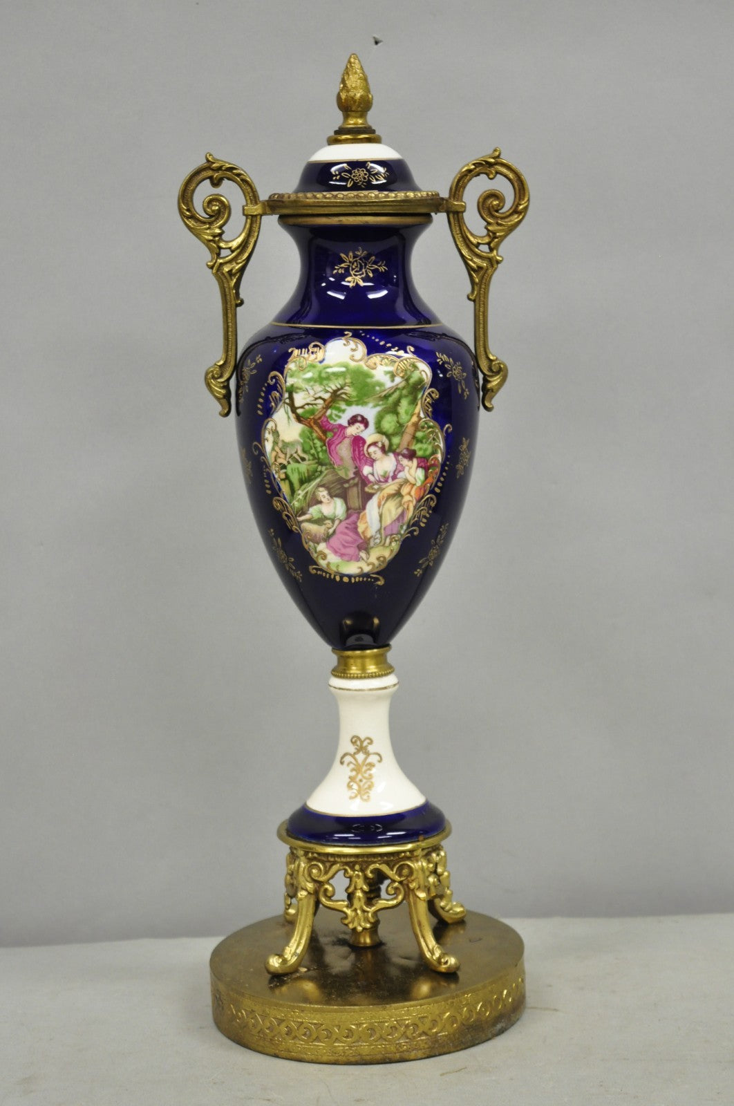Vintage French Victorian Style Hand Painted Cobalt Blue Decorative Porcelain Urn