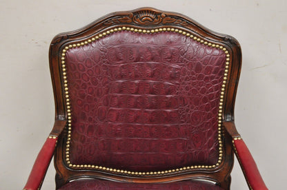 French Country Louis XV Style Burgundy Leather Faux Reptile Cowhide Armchair