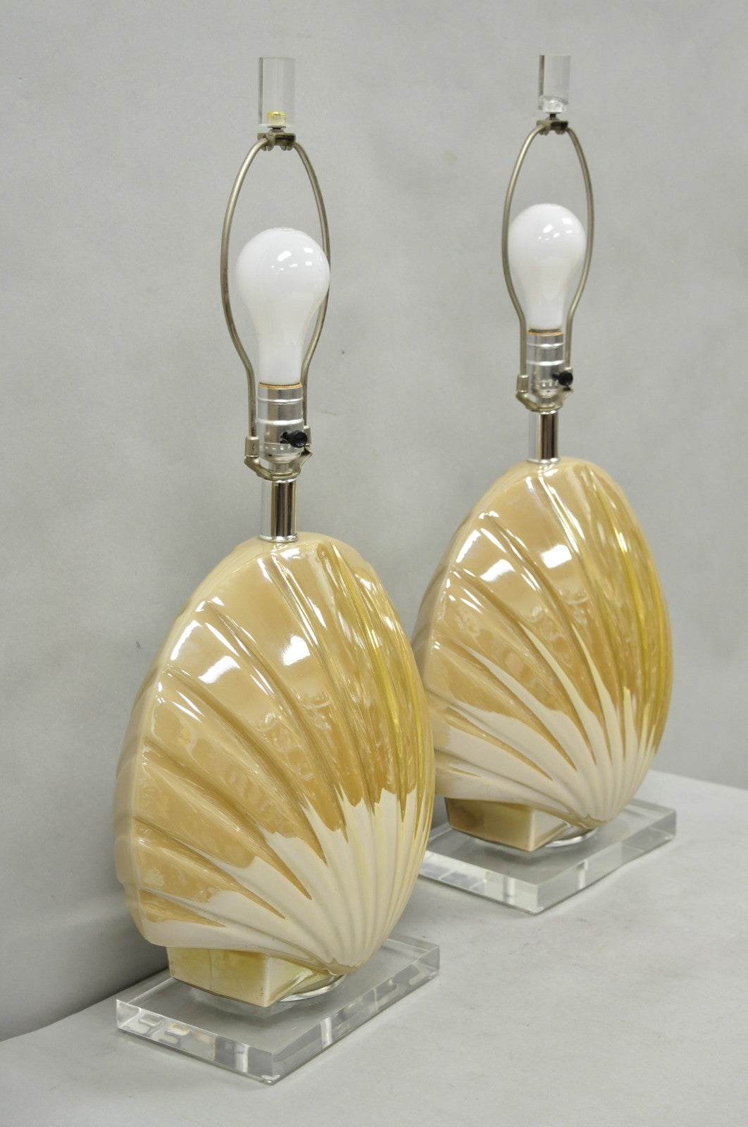 Mid Century Modern Iridescent Gold Ceramic Pottery Clam Shell Table Lamp - Pair