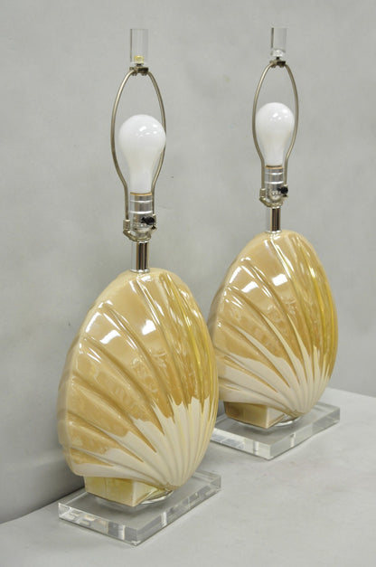 Mid Century Modern Iridescent Gold Ceramic Pottery Clam Shell Table Lamp - Pair