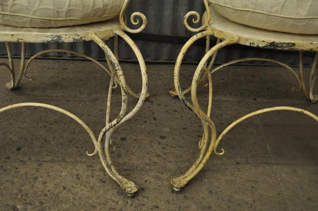 Vintage French Country Wrought Iron Lattice Scrolling Arm Chairs (A) - Pair