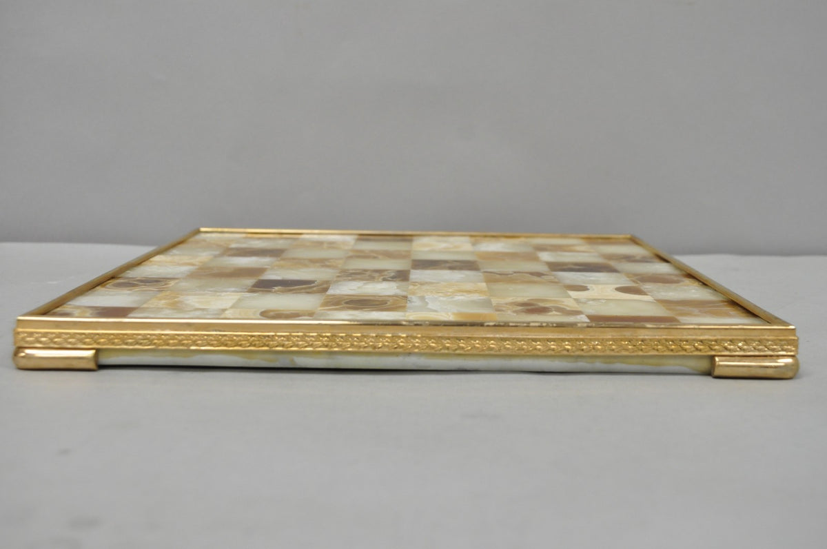 Vintage Mid Century Modern Mosaic Brown Onyx Stone Chess Game Checkerboard