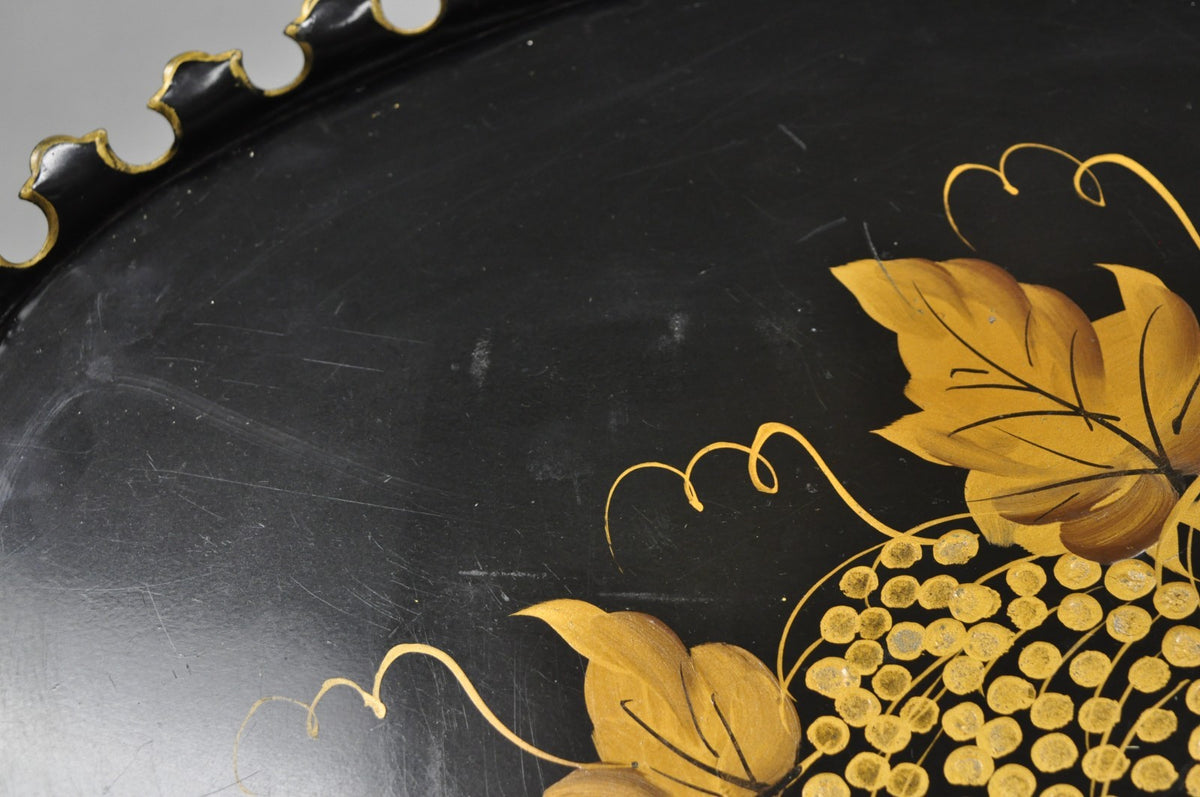 Vintage French Country Black and Gold Hand Painted Oval Toleware Serving Tray