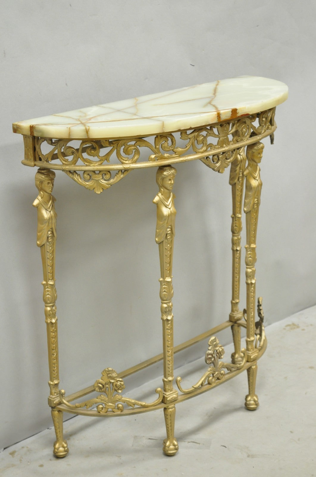 Antique Gothic Revival Oscar Bach Style Figural Bronze & Onyx Gold Console Table