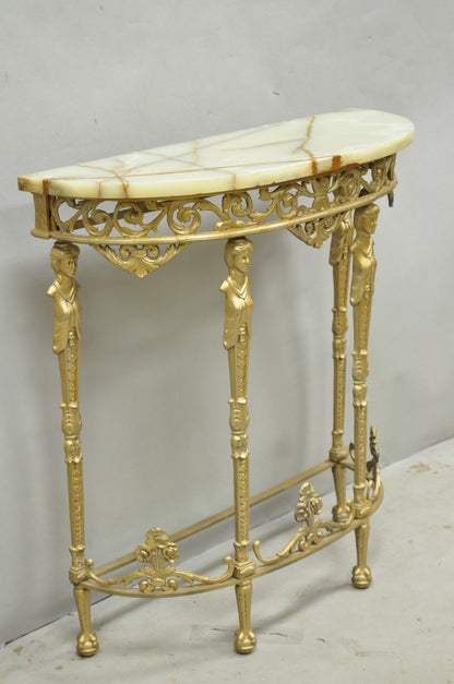 Antique Gothic Revival Oscar Bach Style Figural Bronze & Onyx Gold Console Table