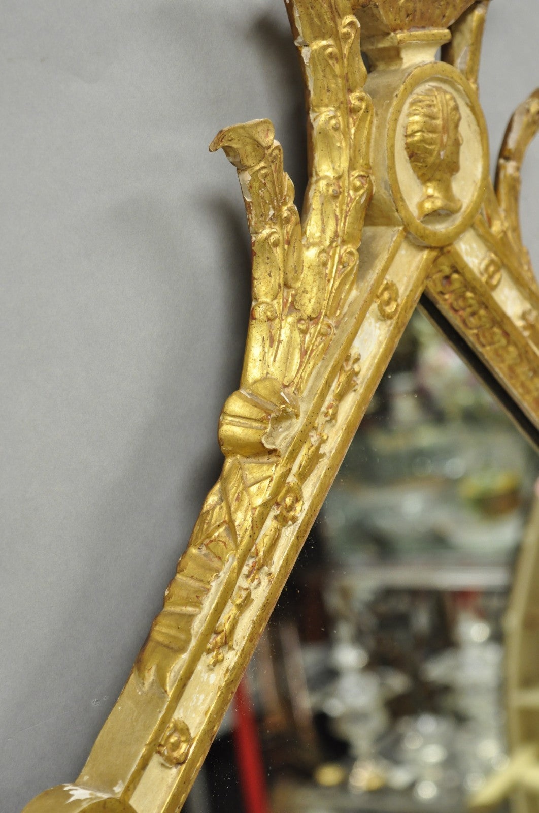 Vintage Italian Neoclassical Style Cream & Gold Gilt Carved Wood Wall Mirror