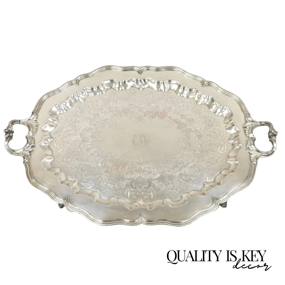 Vintage English Sheffield Victorian Silver Plated Oval Scalloped Platter Tray