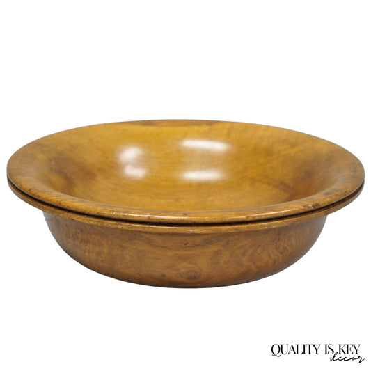 Vintage Mid Century Modern Turn Carved Double Rim Walnut Wooden Salad Fruit Bowl