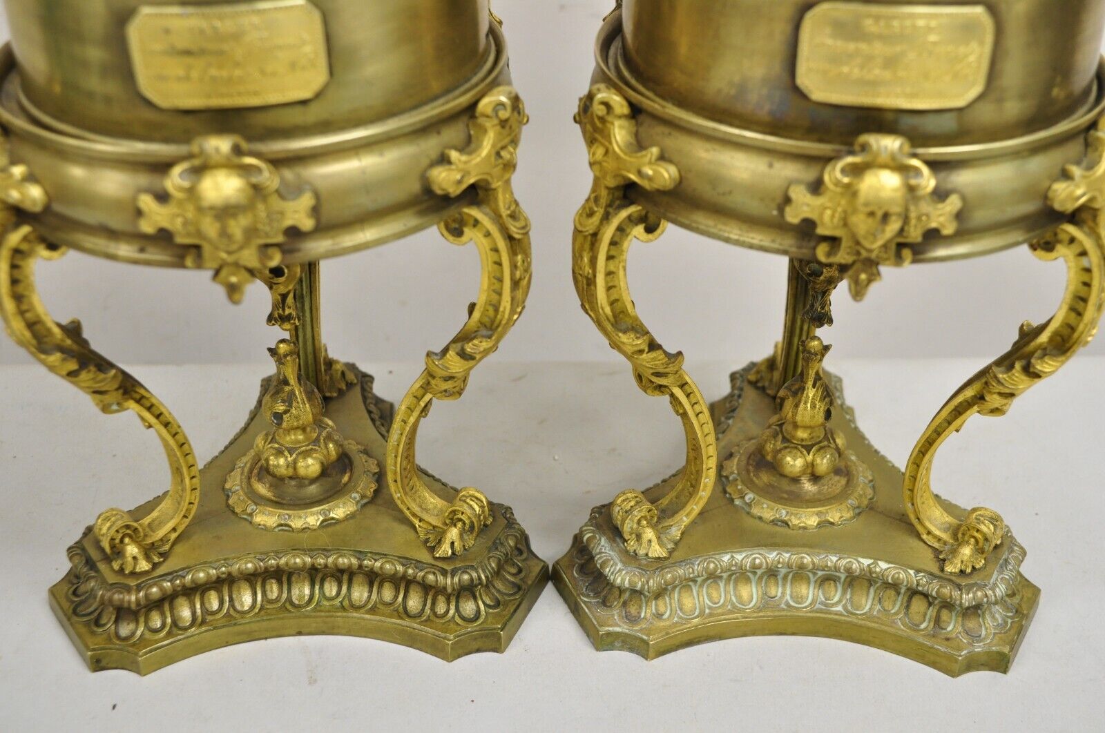 Antique Carcel Paris French Renaissance Gold Gilt Bronze Oil Table Lamp - a Pair