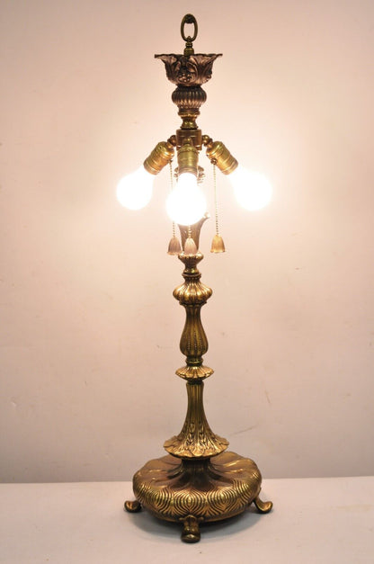 Vintage French Art Nouveau Metal 3 Light Tall Brass Lotus Candlestick Table Lamp