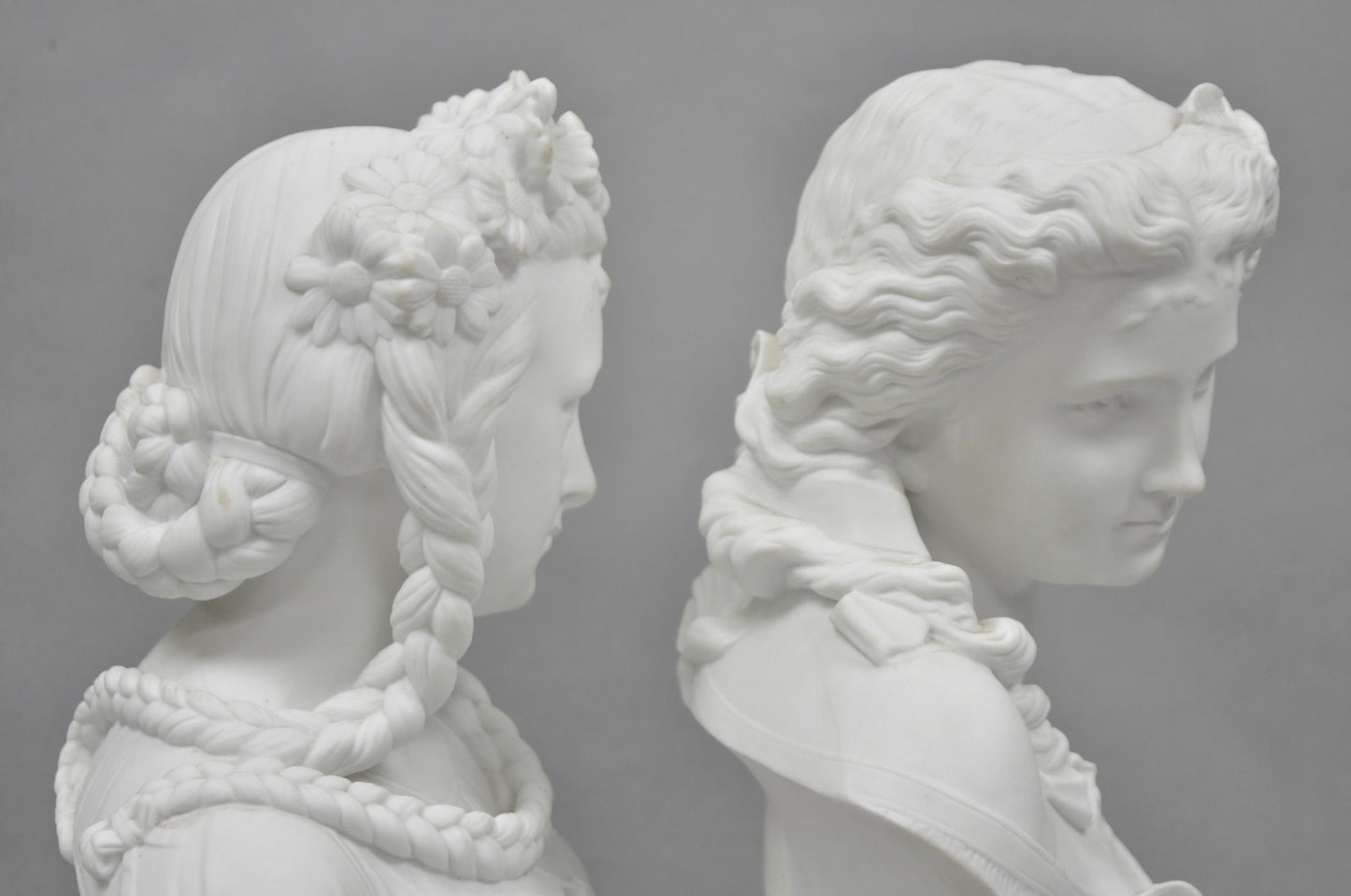 Antique French Classical Parian Porcelain 13" Goddess Female Maiden Bust - Pair