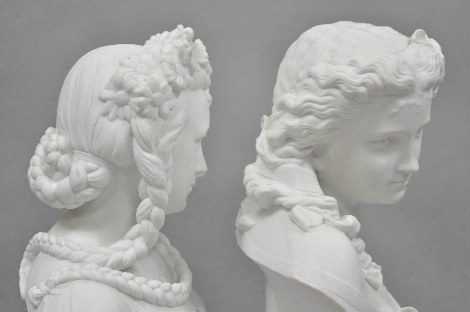 Antique French Classical Parian Porcelain 13" Goddess Female Maiden Bust - Pair