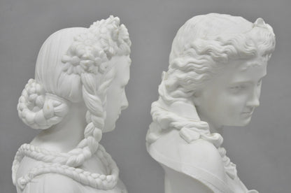 Antique French Classical Parian Porcelain 13" Goddess Female Maiden Bust - Pair