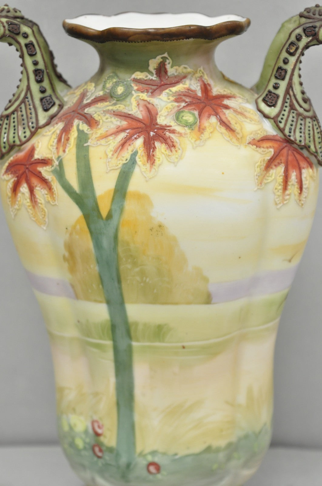 Antique Nippon Hand Painted Porcelain Moriage Twin Handle Countryside Scene Vase