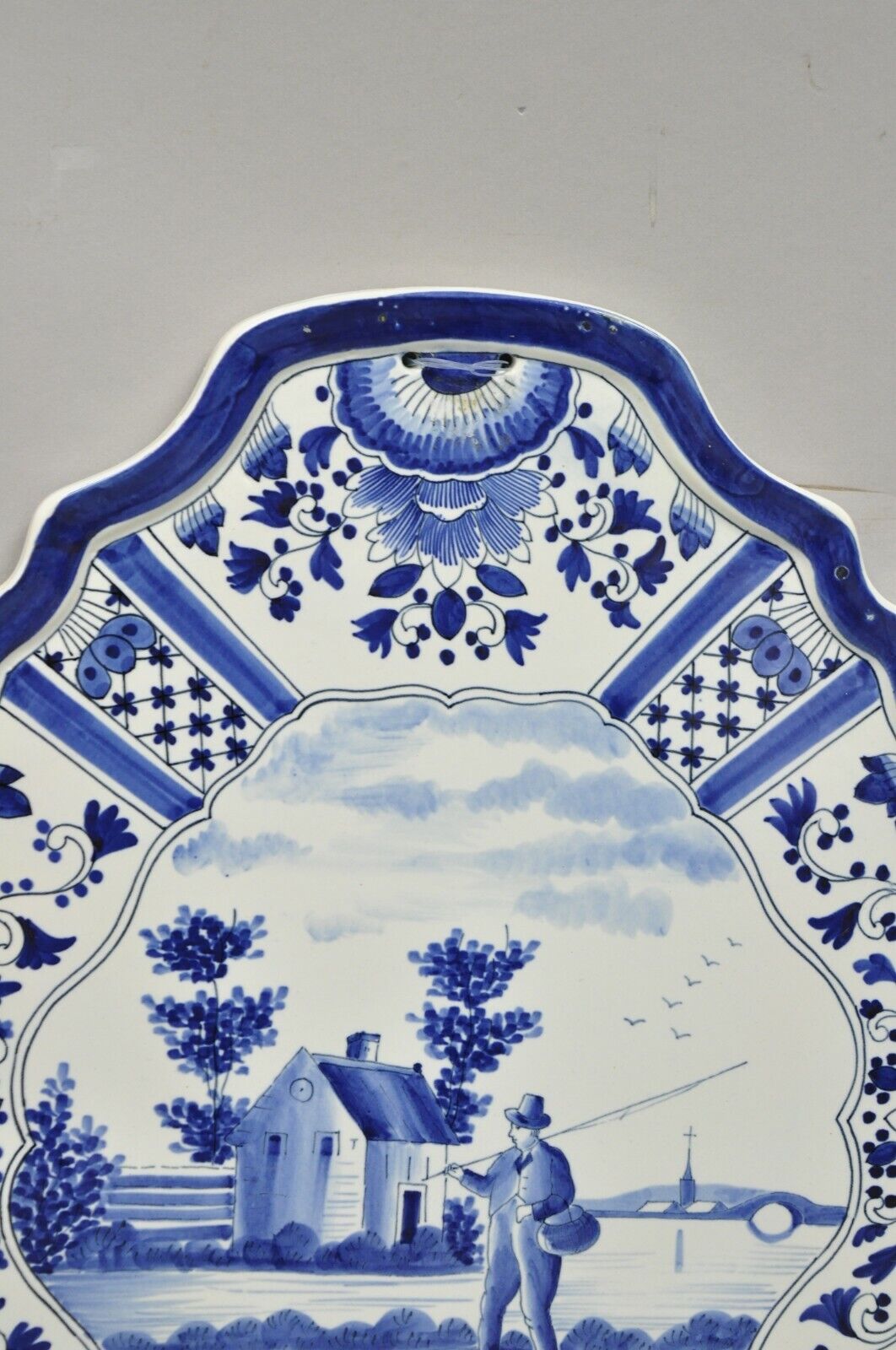 Vintage Blue White Porcelain Delf Style Italian Fisherman Wall Art Charger Plate