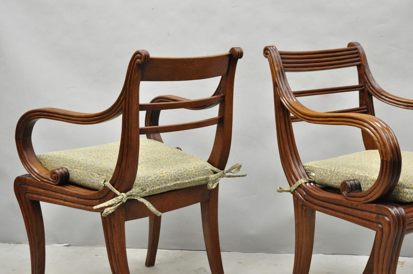 Vintage English Regency Style Cane Seat Mahogany Saber Leg Arm Chairs - a Pair