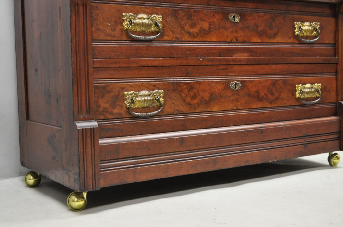 Antique Eastlake Victorian Burl Walnut Marble Top Washstand Dresser w/ Mirror