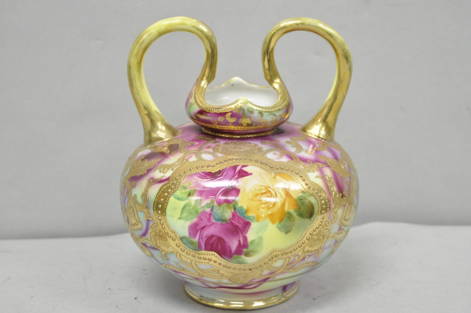 Antique Austrian Hand Painted Moriage Porcelain Double Swung Handle Bulbous Vase