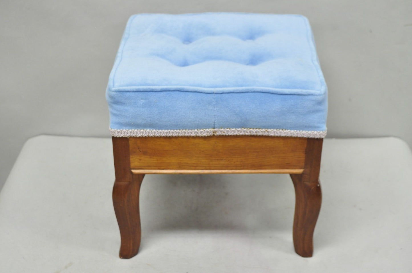 Antique Victorian Walnut Cabriole Leg Blue Tufted Footstool Ottoman Stool