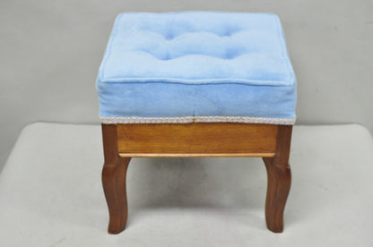 Antique Victorian Walnut Cabriole Leg Blue Tufted Footstool Ottoman Stool
