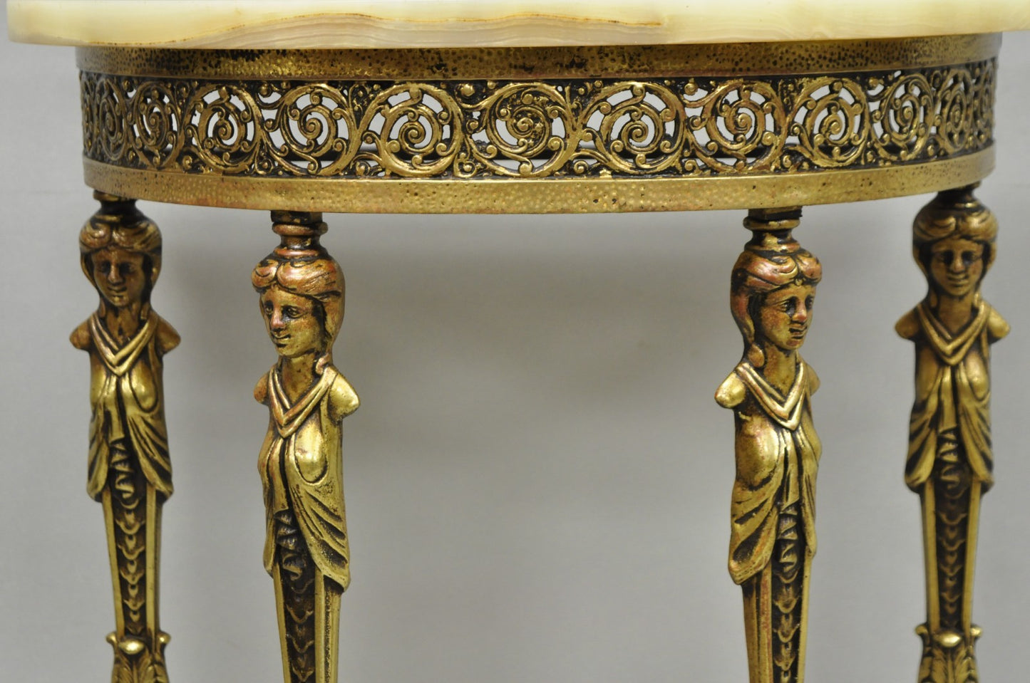 Antique Gothic Revival Oscar Bach Style Figural Bronze & Onyx Console Side Table