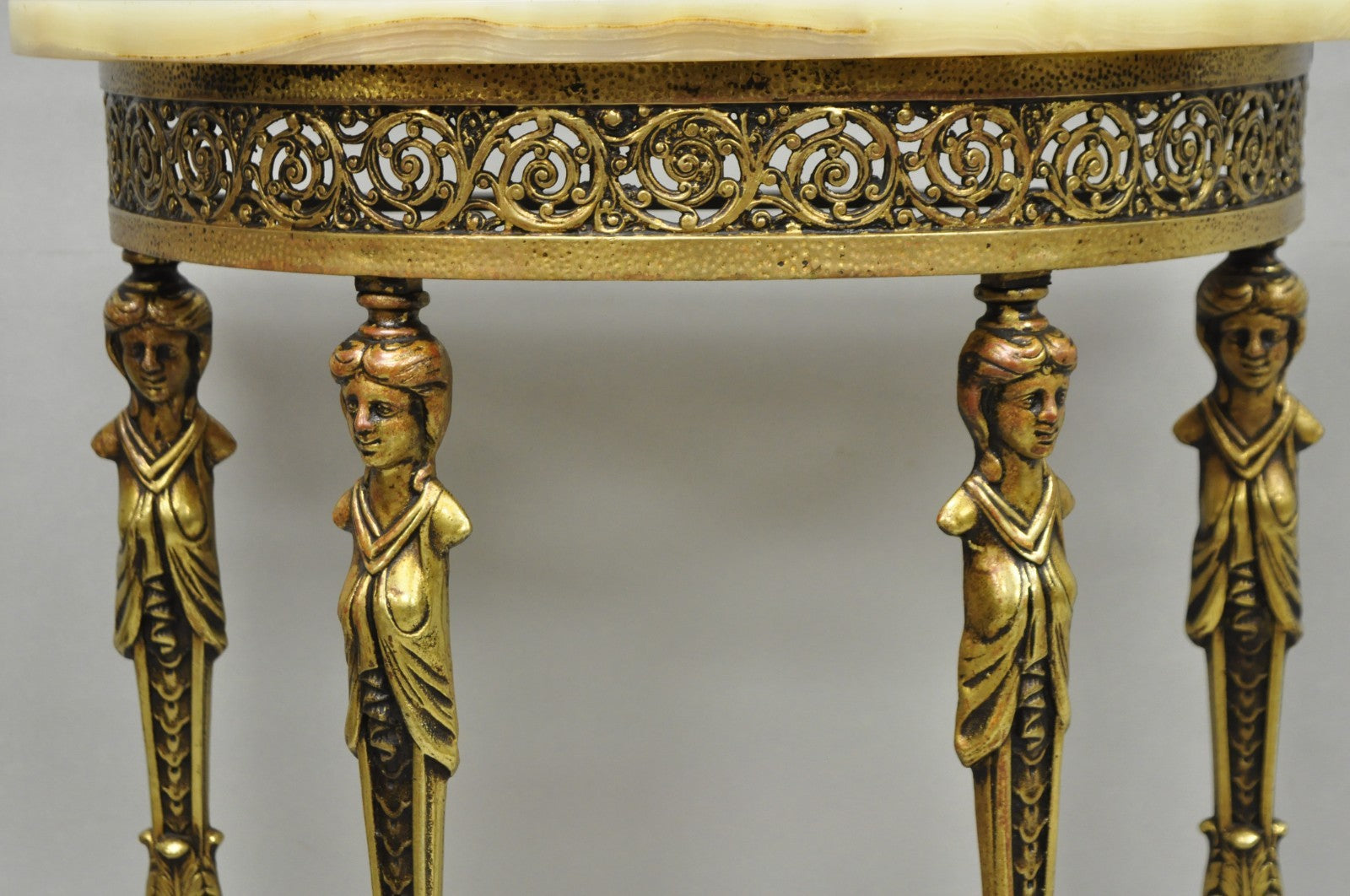 Antique Gothic Revival Oscar Bach Style Figural Bronze & Onyx Console Side Table