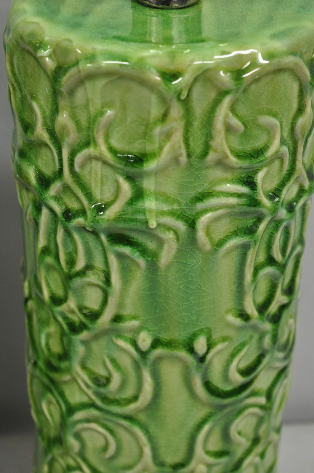 Contemporary Modern Green Glazed Ceramic Scroll Decorated Table Lamps - a Pair