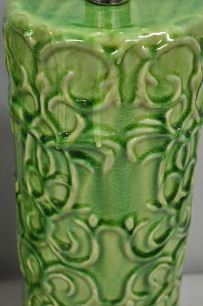 Contemporary Modern Green Glazed Ceramic Scroll Decorated Table Lamps - a Pair