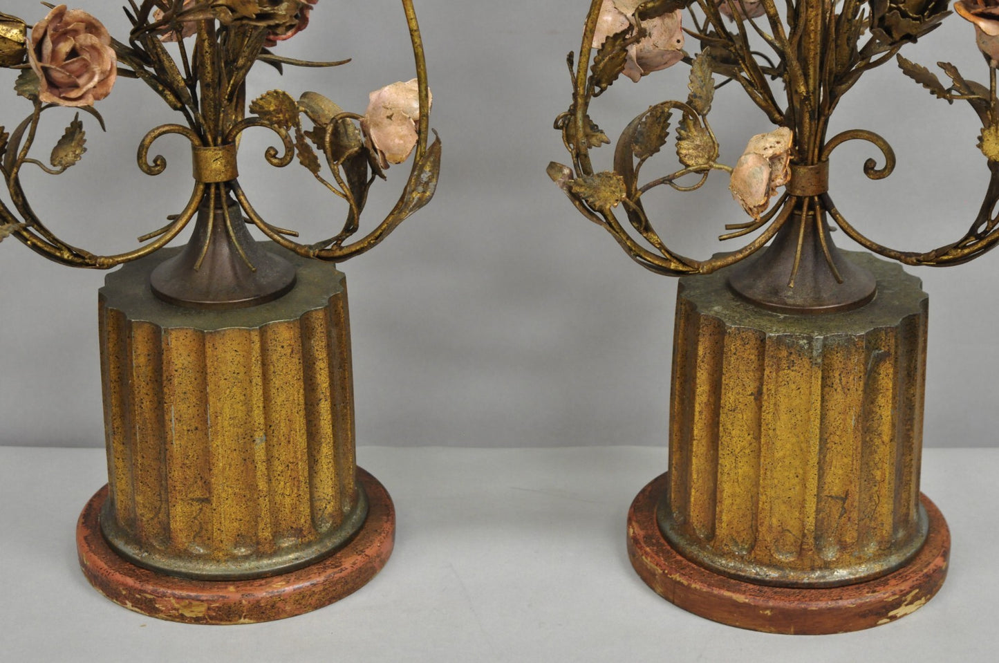 Italian Hollywood Regency Gold Gilt Iron Metal Pink Rose Tall Table Lamps Pair