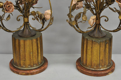 Italian Hollywood Regency Gold Gilt Iron Metal Pink Rose Tall Table Lamps Pair