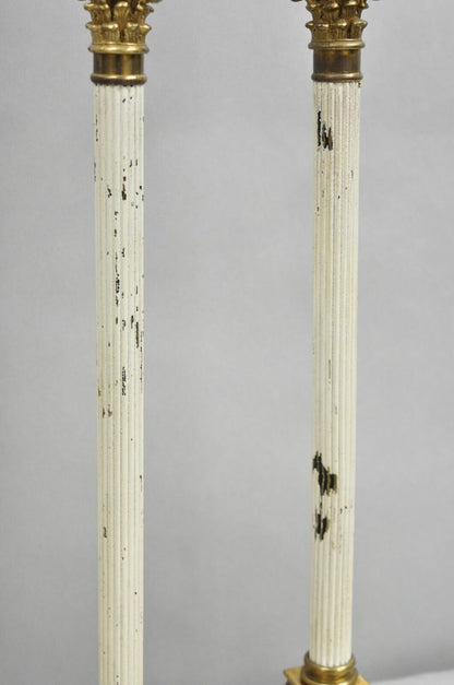 French Empire Neoclassical Small Thin Brass Candlestick Column Table Lamp a Pair