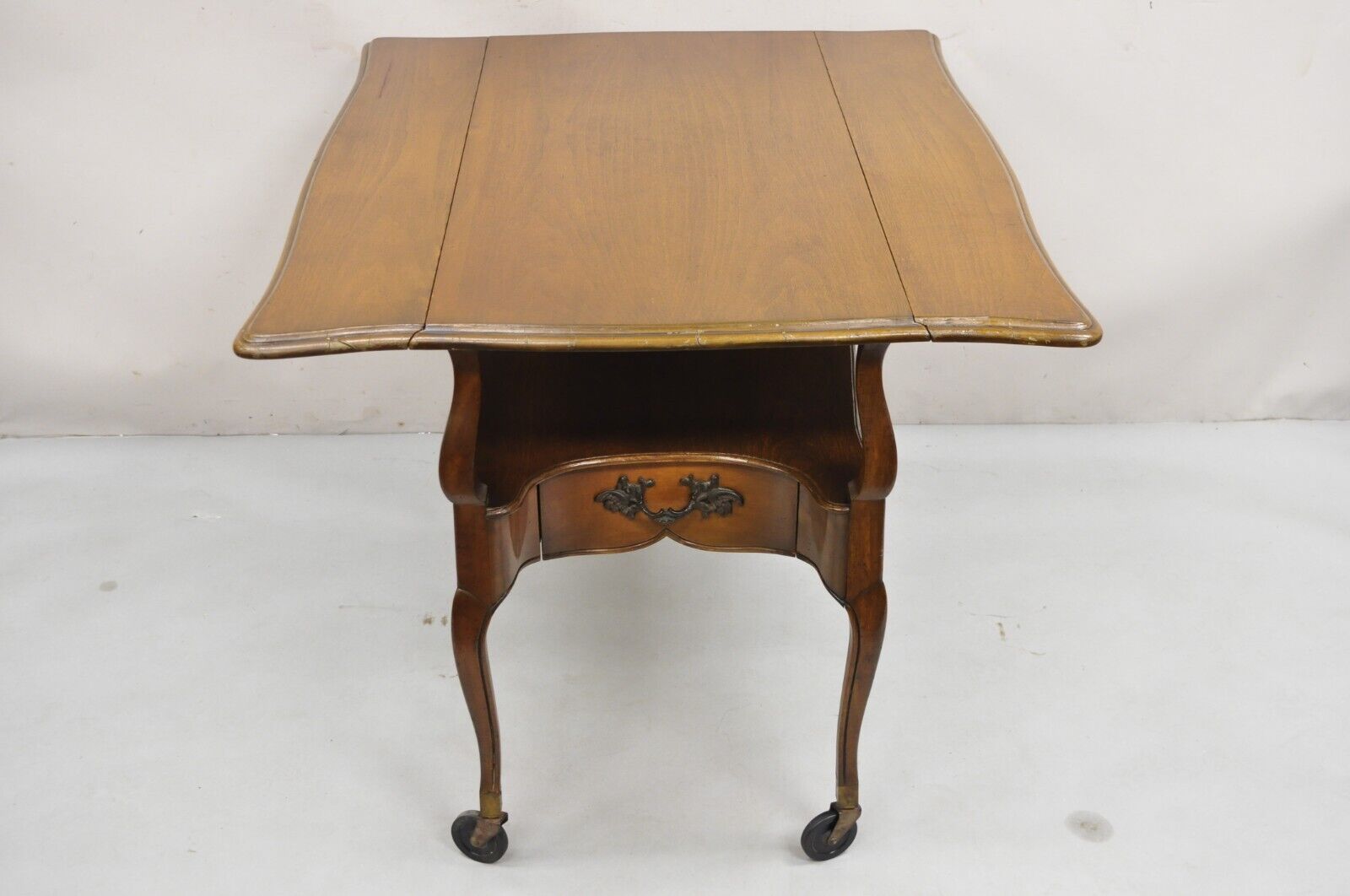 Vintage French Country Style Cherry Wood 2 Drawer Drop Leaf Rolling Serving Cart